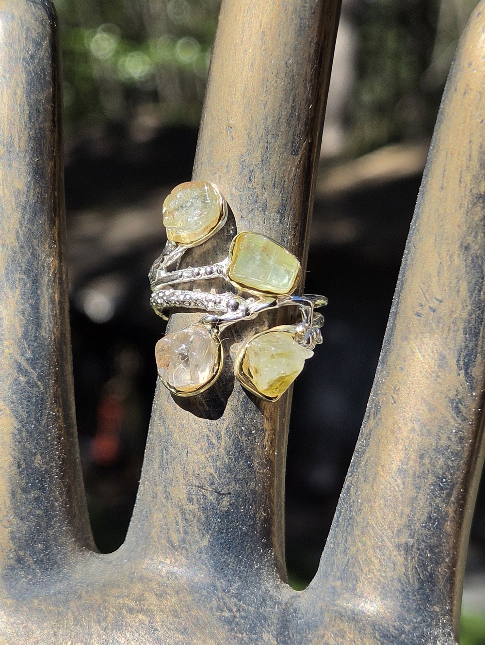 Tourmaline Natural Raw Gemstone Sterling & White Gold Ring Sz8 - Picture 4 of 10
